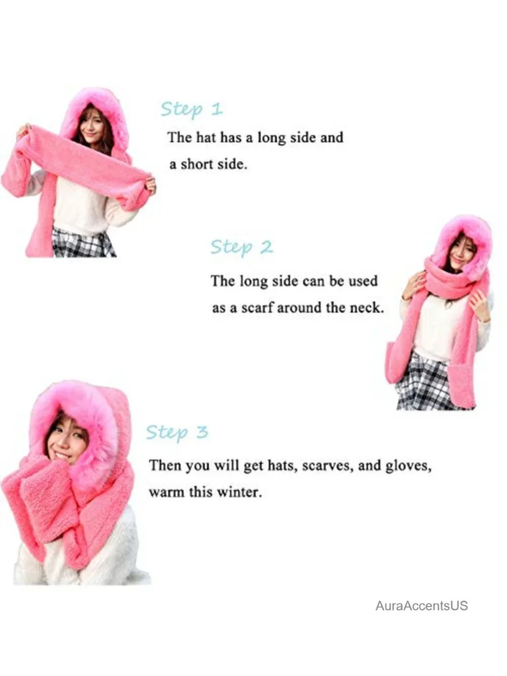 Winter Warm Women Hoodie Hat Scarf Gloves Set Soft Plush Thick